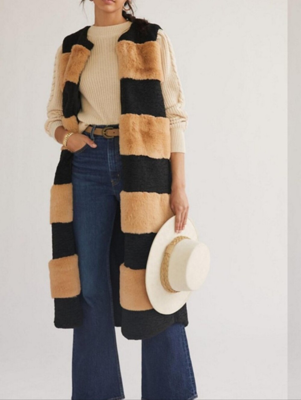 Anthropologie Striped Faux Fur Boucle Long Vest One Size